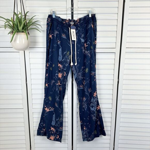 New Roxy Oceanside Flare Pant Blue Tropical Floral Drawstring Flax Linen Size XL - Picture 1 of 10